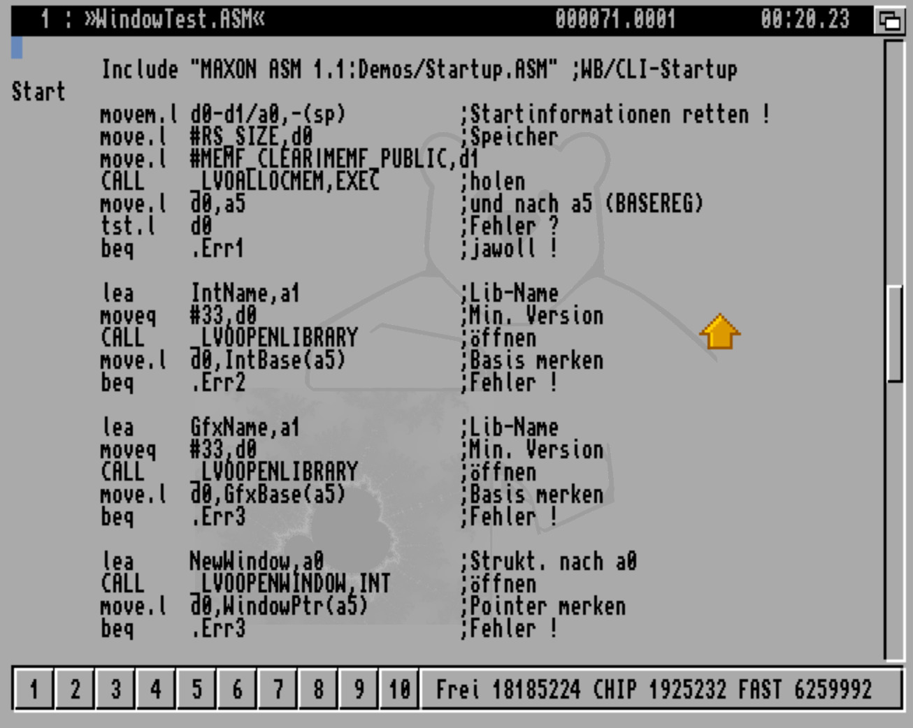Maxon MaxonASM Assembler V1.1 - Editor und Beispielprogram "WindowTest.ASM"